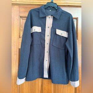 Black waffle blouse/shacket with blush suede trim